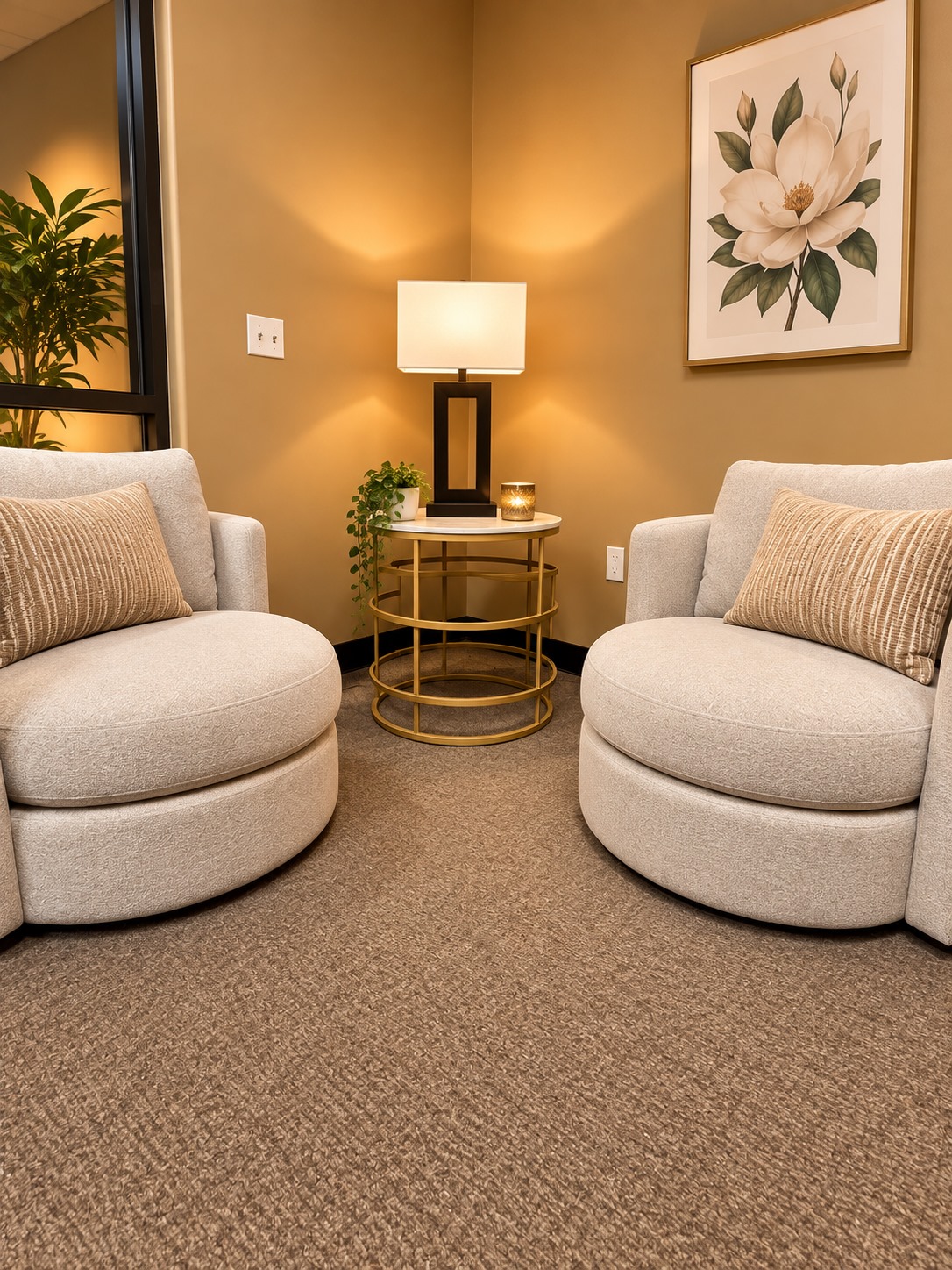 The warm and comfortable consultation lounge at Stillwater Spa