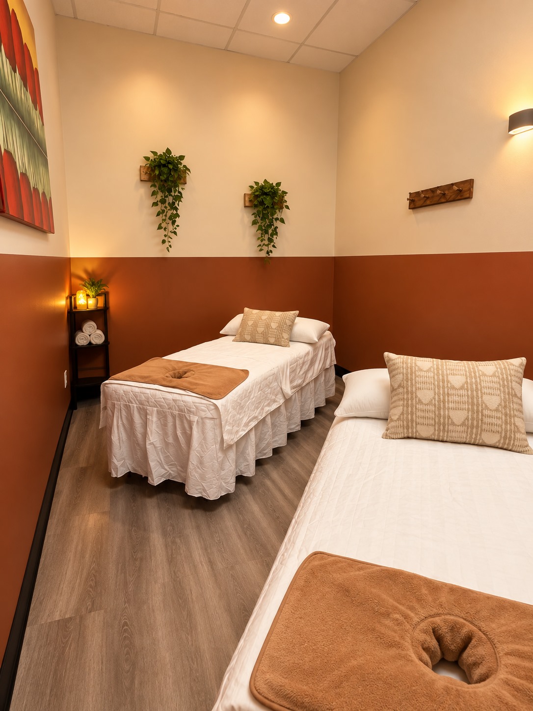 A warm couples treatment suite at Stillwater Spa