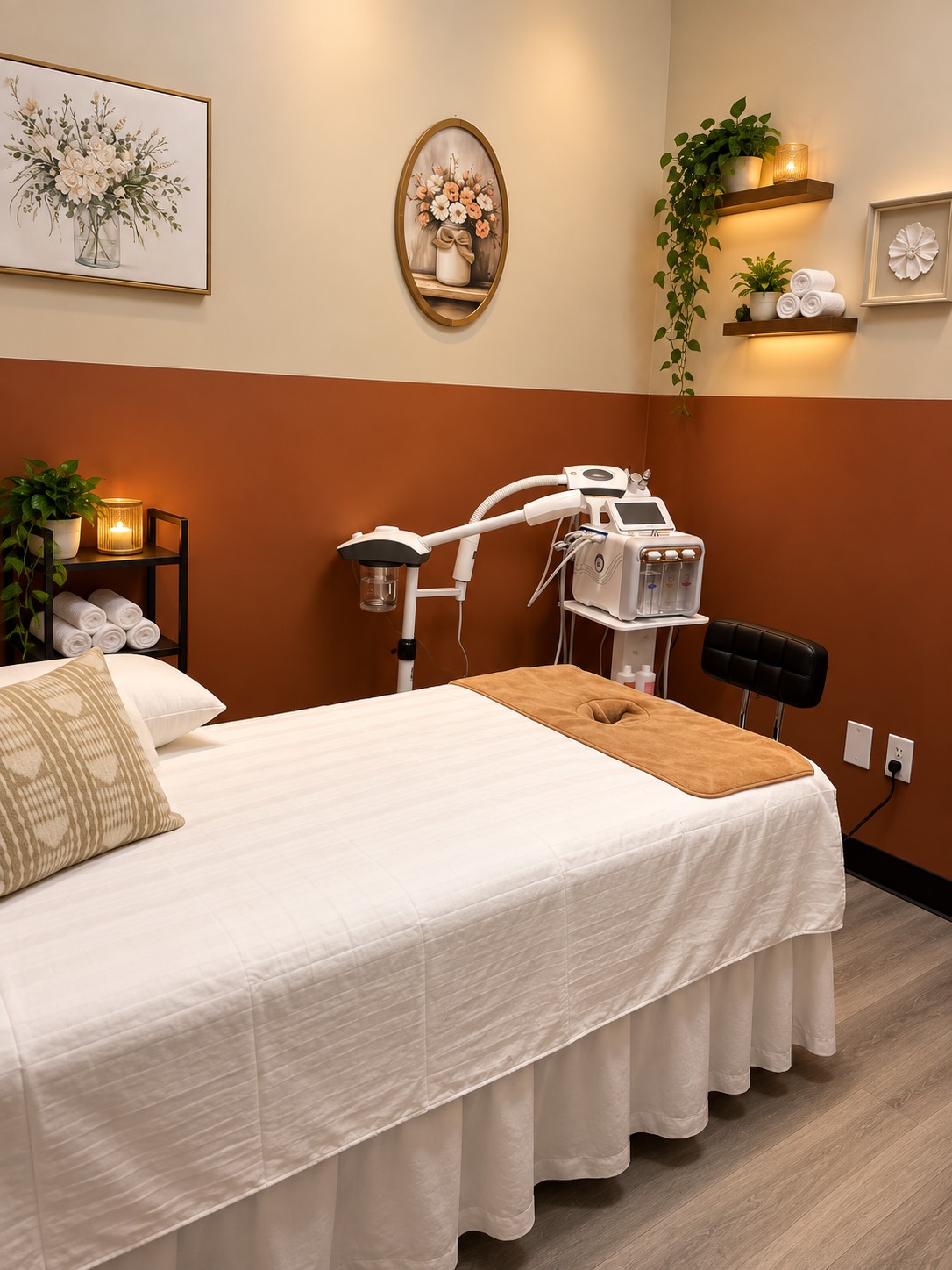 A bright Stillwater Spa treatment room prepared for a facial service