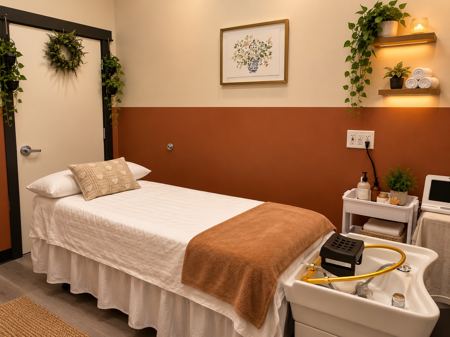 A peaceful Stillwater Spa treatment room prepared for a head spa service