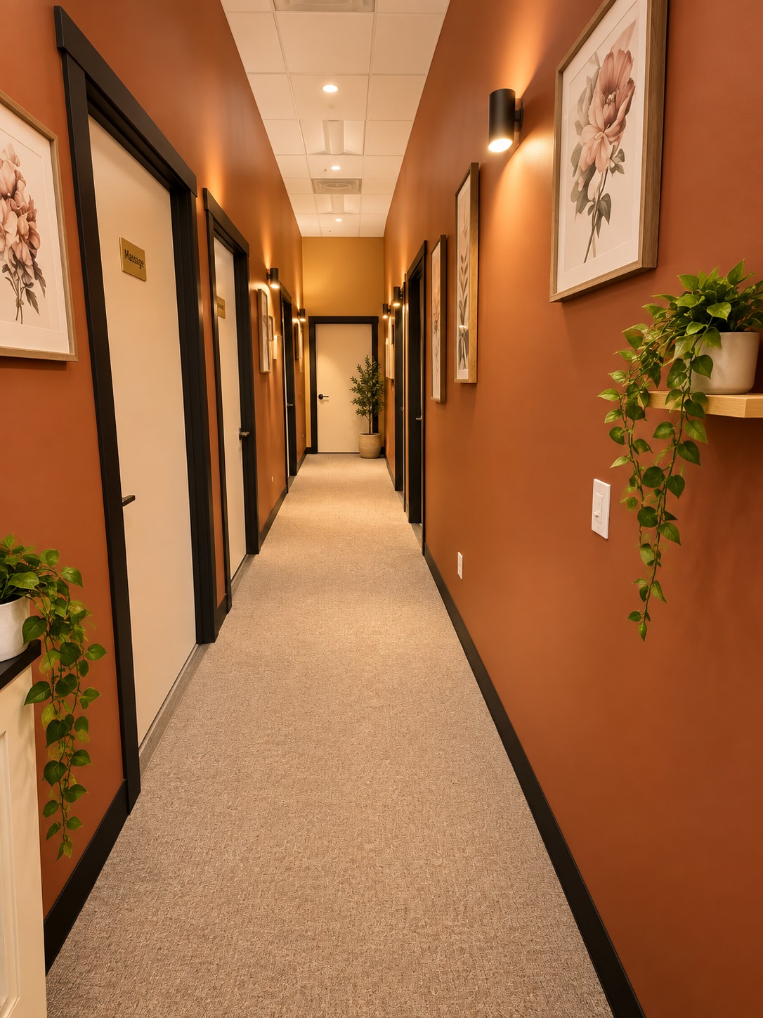 The softly lit treatment hallway at Stillwater Spa