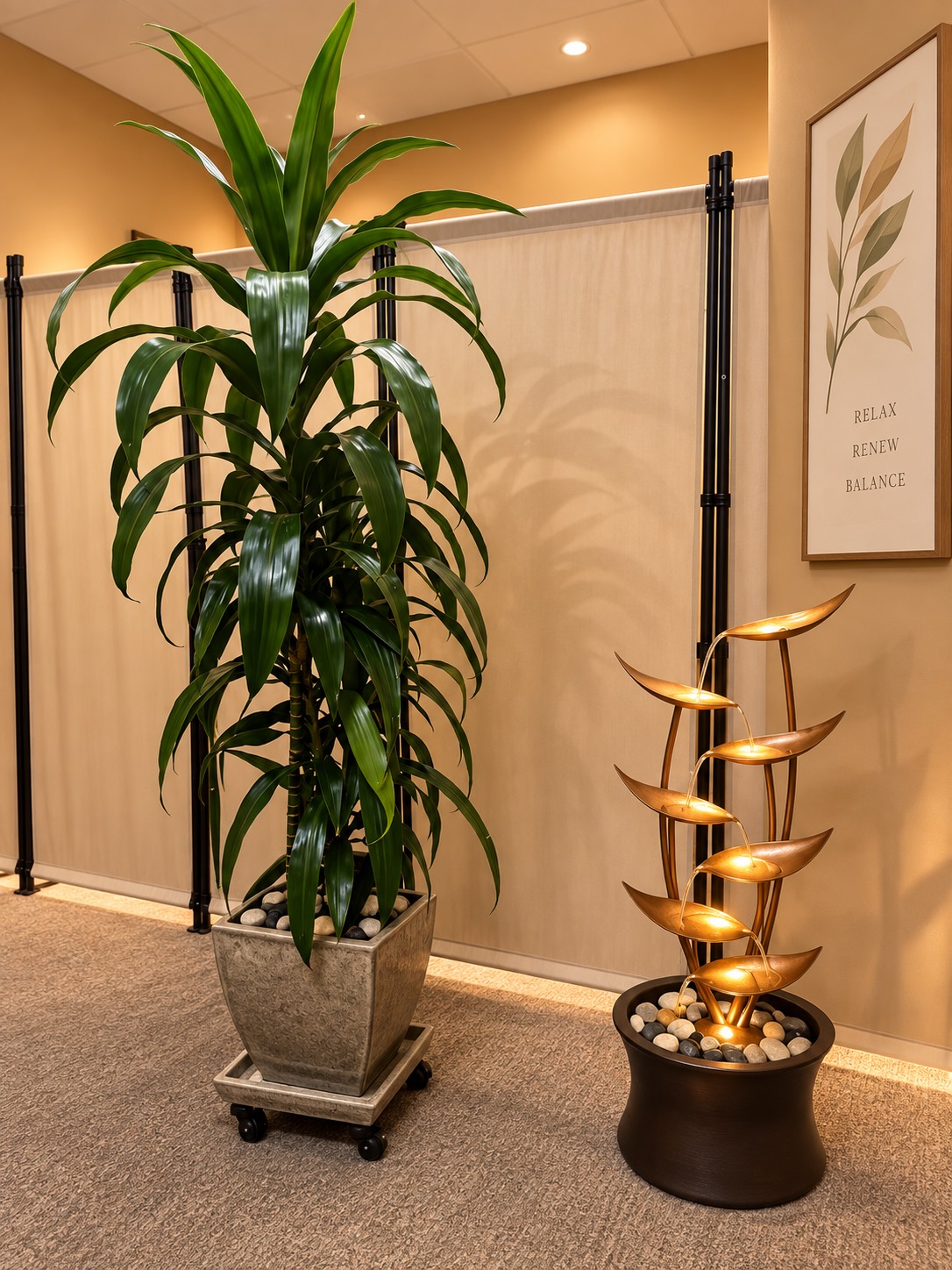 A leafy plant and softly illuminated water feature at Stillwater Spa